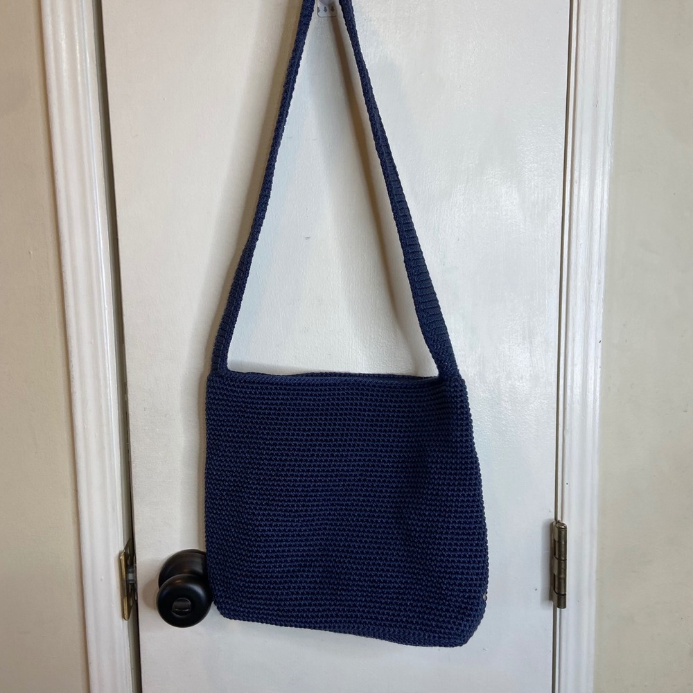 The Sak Navy Blue Crochet Crossbody Bag Striped Lining Boho Shoulder Purse READ!